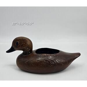 Vintage MCM Cottagecore Mallard Duck Planter – Rustic Wood-Look Décor